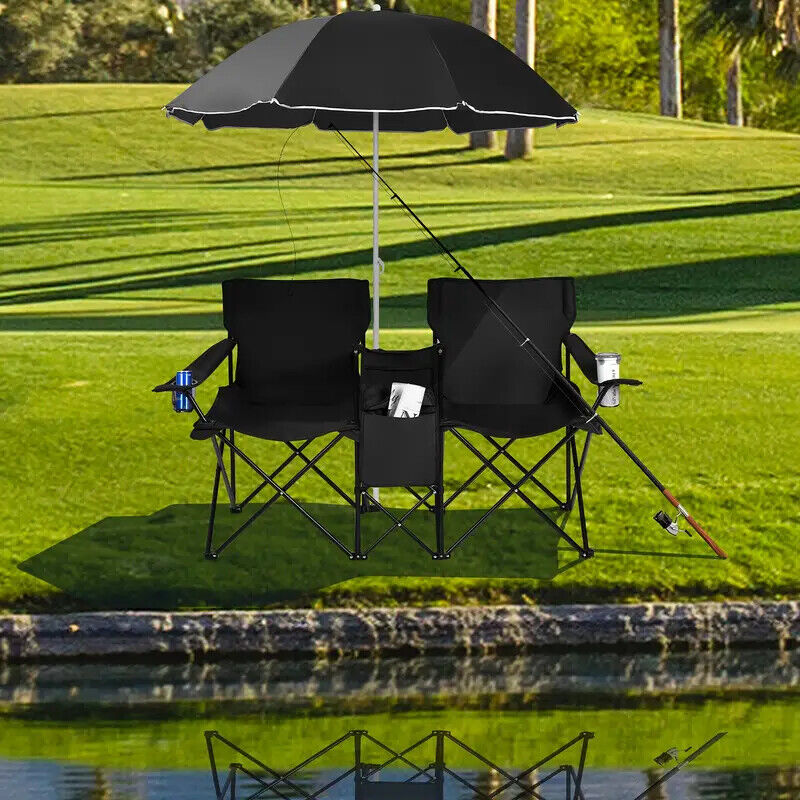 Portable Double Chair with Umbrella, Table, and Cooler