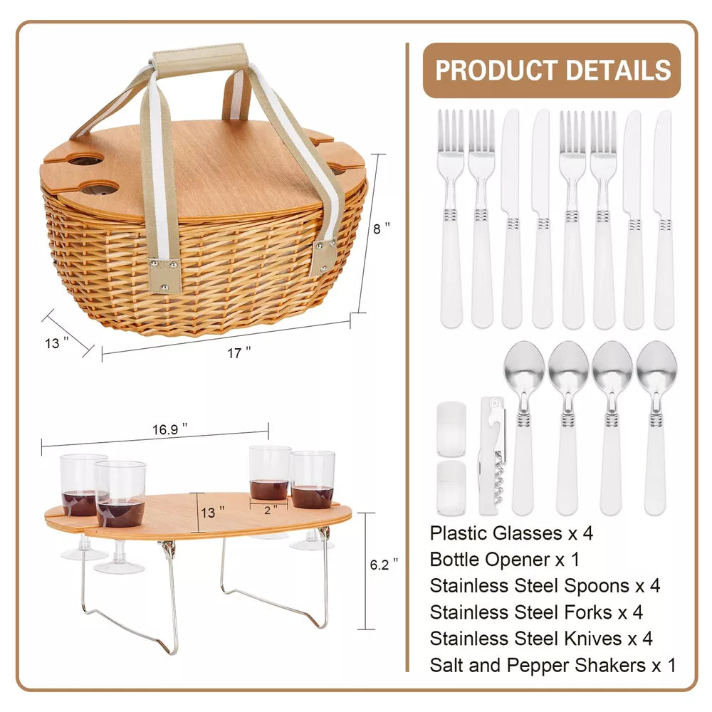 Outdoor Dining Picnic Basket for 2 with Insulated Cooler and Folding Table
