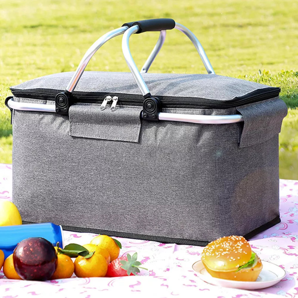 Folding Picnic Basket with Insulated Cooler to Keep Food Fresh Anywhere