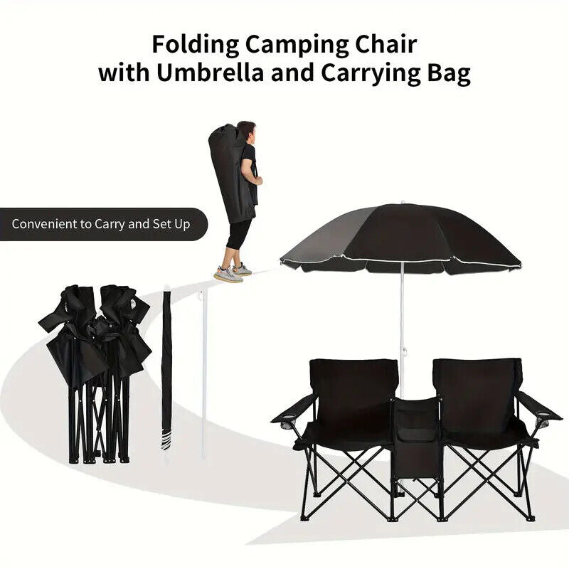 Portable Double Chair with Umbrella, Table, and Cooler