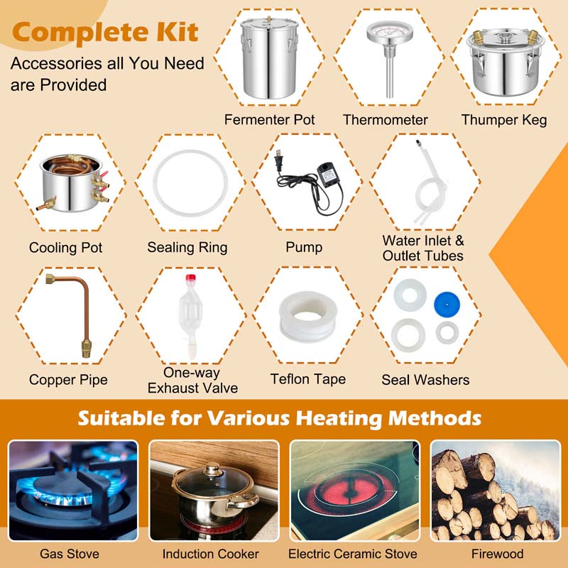5/10 Gal 2 Pots Alcohol Still Home Brewing Kit, 40L Stainless Steel Water Alcohol Distiller, Wine Making Kit for Whiskey Brandy Beer