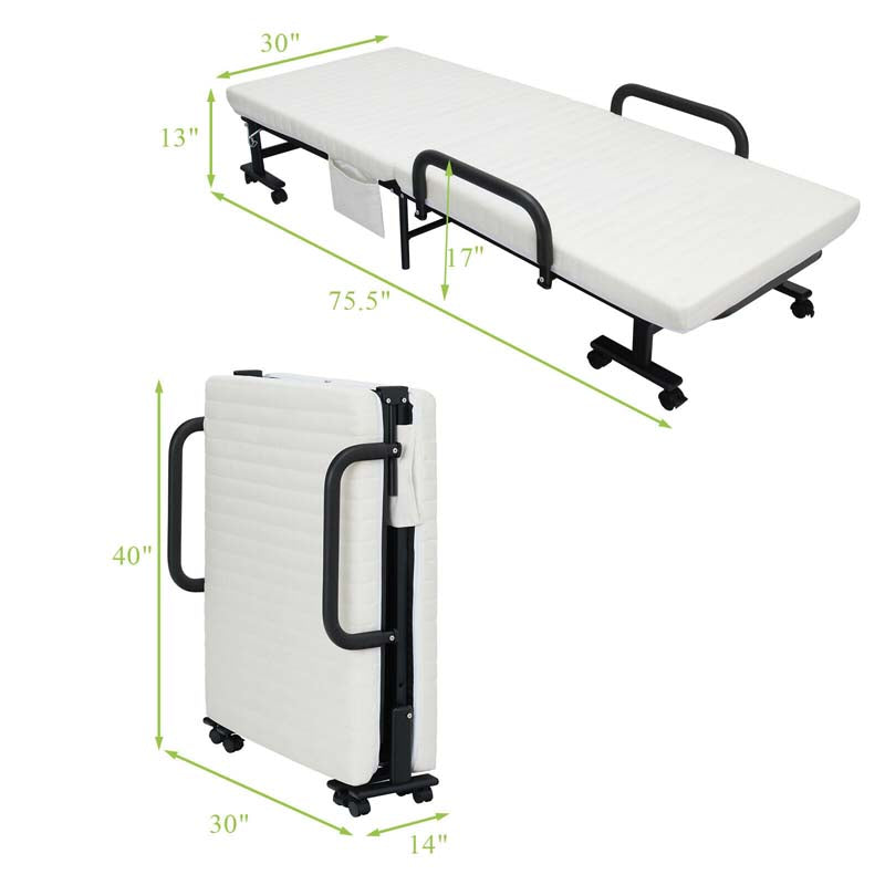 Folding Rollaway Bed with Mattress for Adult, Portable Guest Bed Frame with Adjustable 6 Position & Side Storage Pocket
