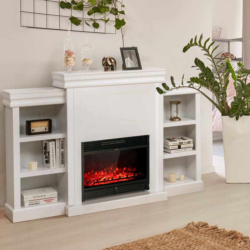 70" Mantel Fireplace TV Stand with 28.5" 750W/1500W Electric Fireplace Insert, Modern Media Fireplace Cabinet Built-in 6 Storage Shelves