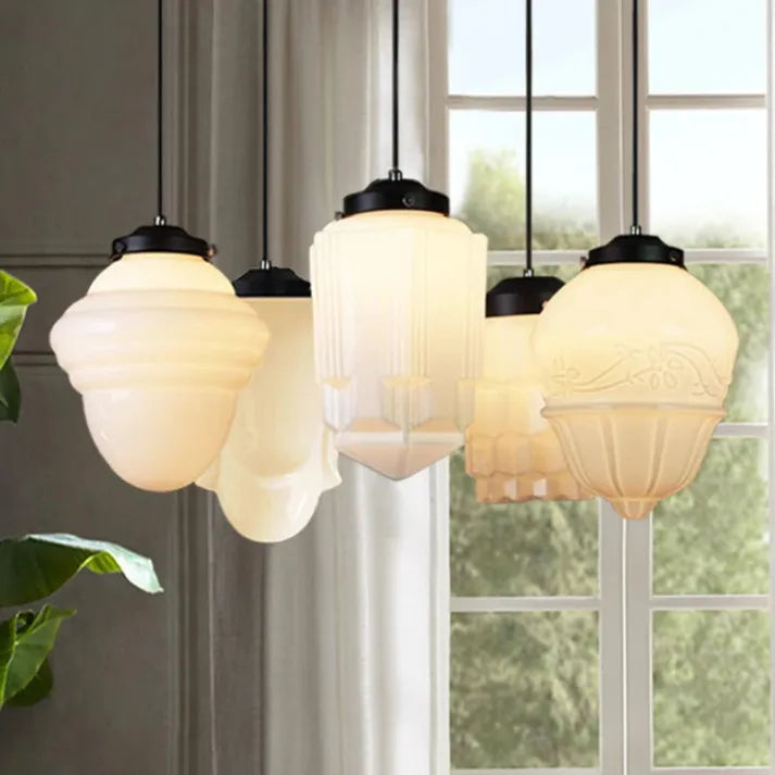 Geometric Milk Glass Pendant Light Fixture - Vintage White Design for Kitchen & Dining Room Lighting