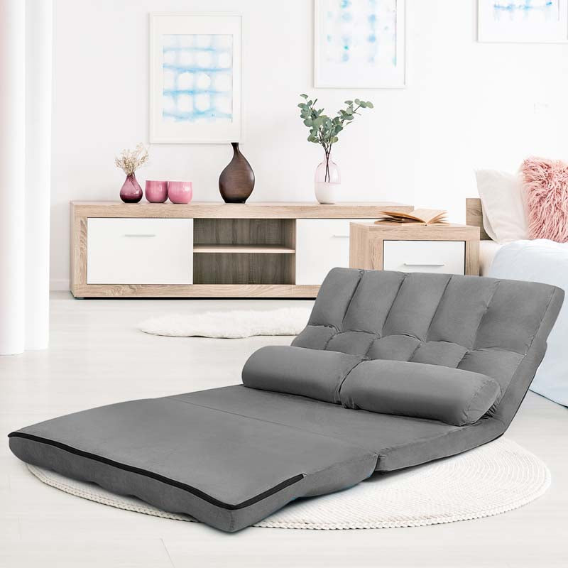 Floor Sofa 6-Position Adjustable, Foldable Lazy Sofa Sleeper Bed, Suede Cloth Cover, Floor Gaming Sofa Couch with 2 Pillows