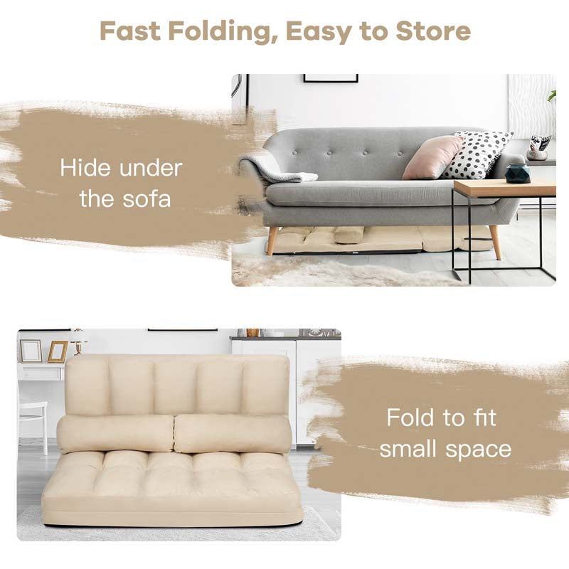 Floor Sofa 6-Position Adjustable, Foldable Lazy Sofa Sleeper Bed, Suede Cloth Cover, Floor Gaming Sofa Couch with 2 Pillows