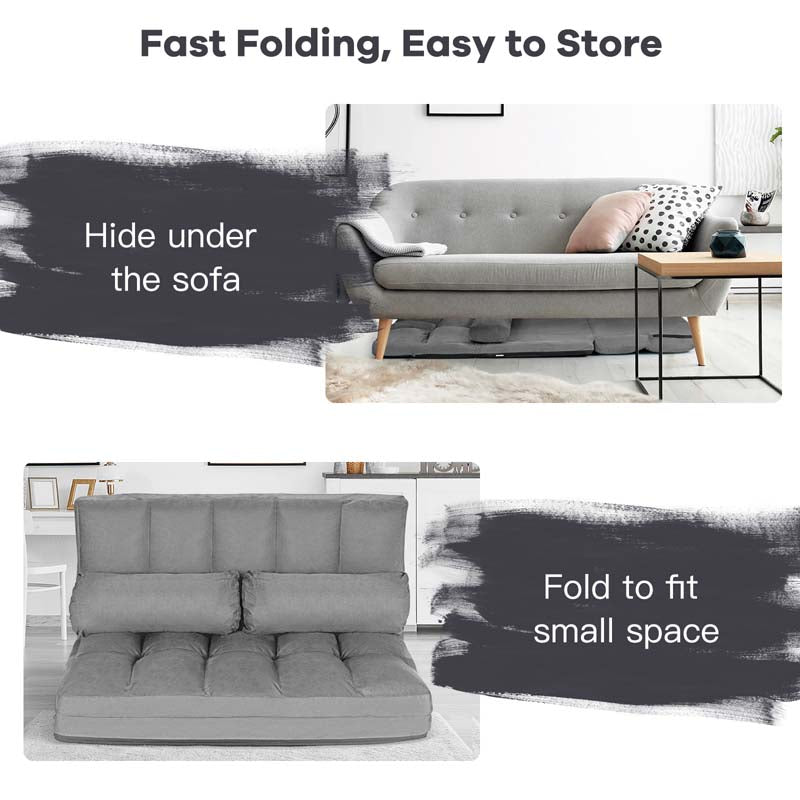 Floor Sofa 6-Position Adjustable, Foldable Lazy Sofa Sleeper Bed, Suede Cloth Cover, Floor Gaming Sofa Couch with 2 Pillows