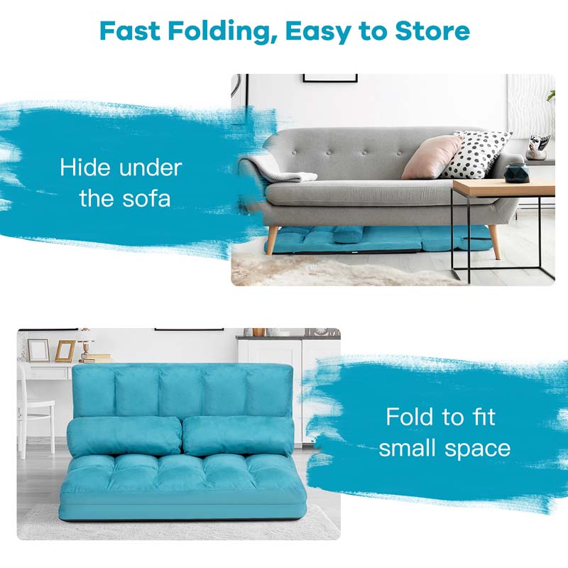 Floor Sofa 6-Position Adjustable, Foldable Lazy Sofa Sleeper Bed, Suede Cloth Cover, Floor Gaming Sofa Couch with 2 Pillows