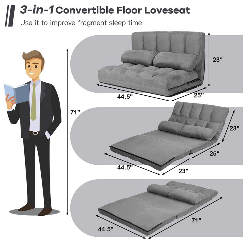 Floor Sofa 6-Position Adjustable, Foldable Lazy Sofa Sleeper Bed, Suede Cloth Cover, Floor Gaming Sofa Couch with 2 Pillows