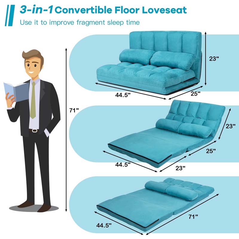 Floor Sofa 6-Position Adjustable, Foldable Lazy Sofa Sleeper Bed, Suede Cloth Cover, Floor Gaming Sofa Couch with 2 Pillows
