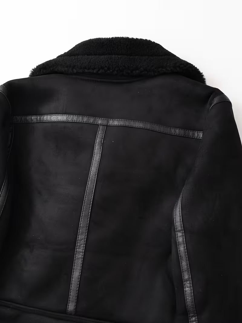 Women’s Retro Synthetic Leather Motorcycle Jacket – Fleece Lined Winter Coat