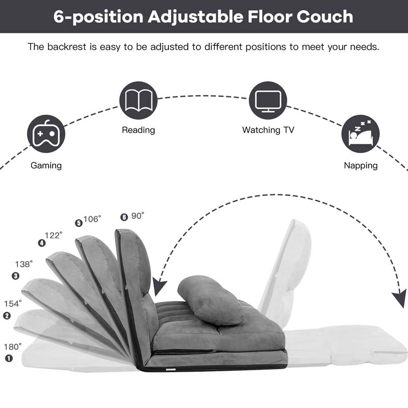 Floor Sofa 6-Position Adjustable, Foldable Lazy Sofa Sleeper Bed, Suede Cloth Cover, Floor Gaming Sofa Couch with 2 Pillows