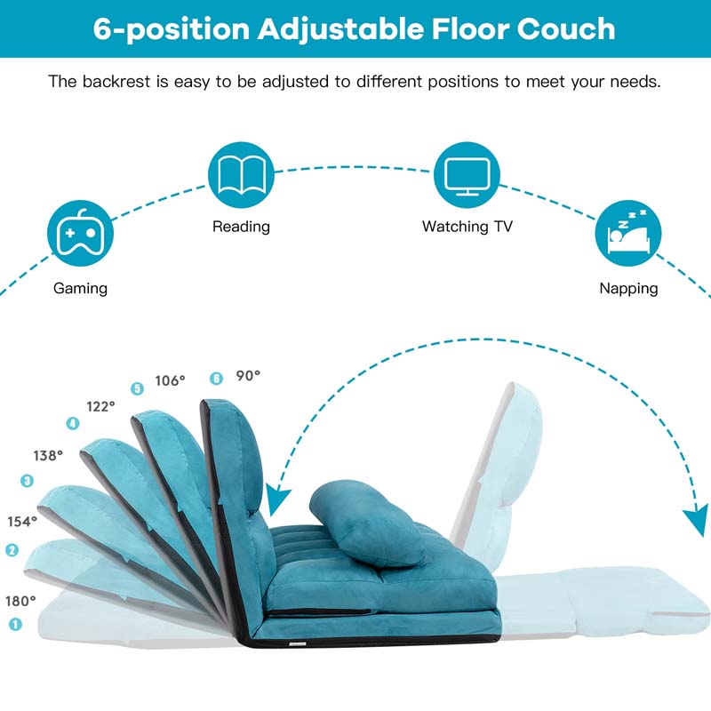Floor Sofa 6-Position Adjustable, Foldable Lazy Sofa Sleeper Bed, Suede Cloth Cover, Floor Gaming Sofa Couch with 2 Pillows