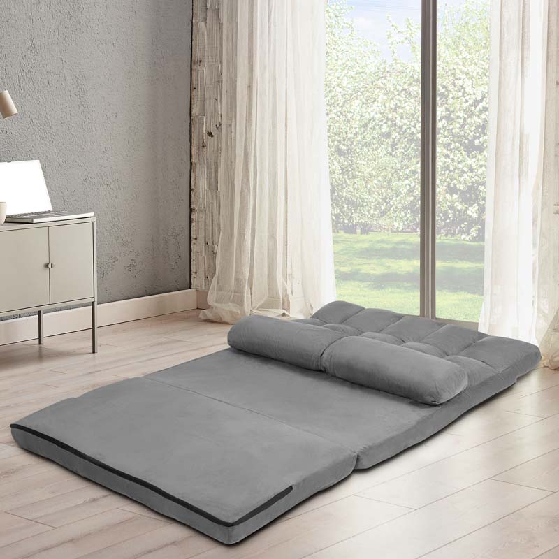 Floor Sofa 6-Position Adjustable, Foldable Lazy Sofa Sleeper Bed, Suede Cloth Cover, Floor Gaming Sofa Couch with 2 Pillows