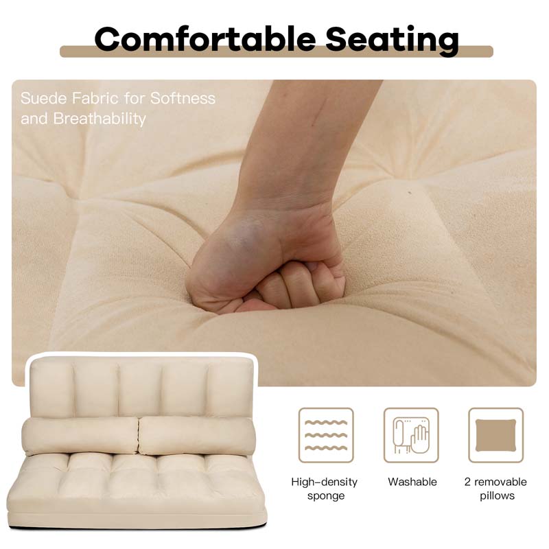 Floor Sofa 6-Position Adjustable, Foldable Lazy Sofa Sleeper Bed, Suede Cloth Cover, Floor Gaming Sofa Couch with 2 Pillows
