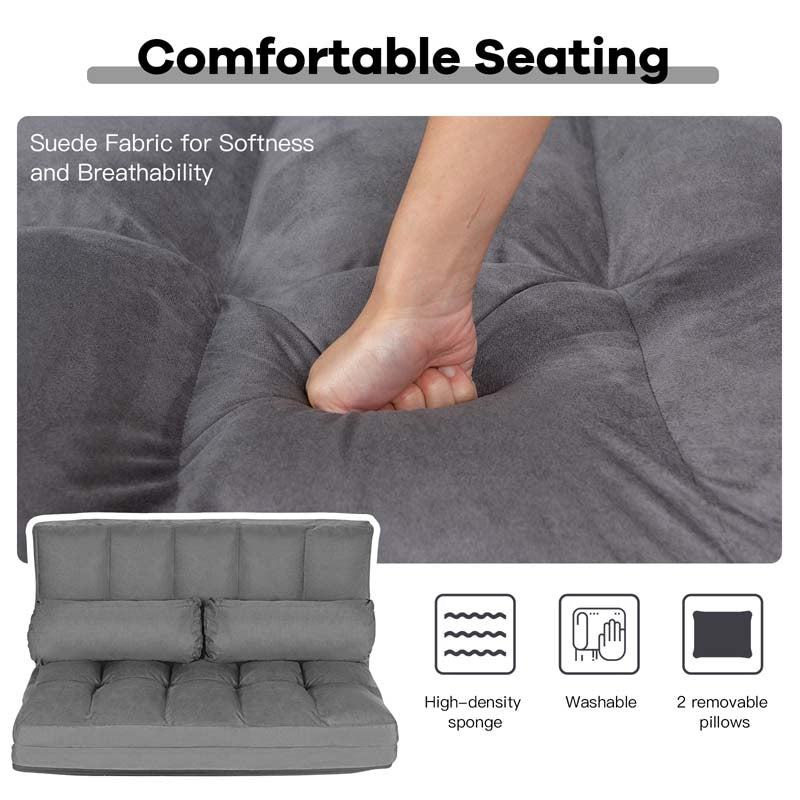 Floor Sofa 6-Position Adjustable, Foldable Lazy Sofa Sleeper Bed, Suede Cloth Cover, Floor Gaming Sofa Couch with 2 Pillows