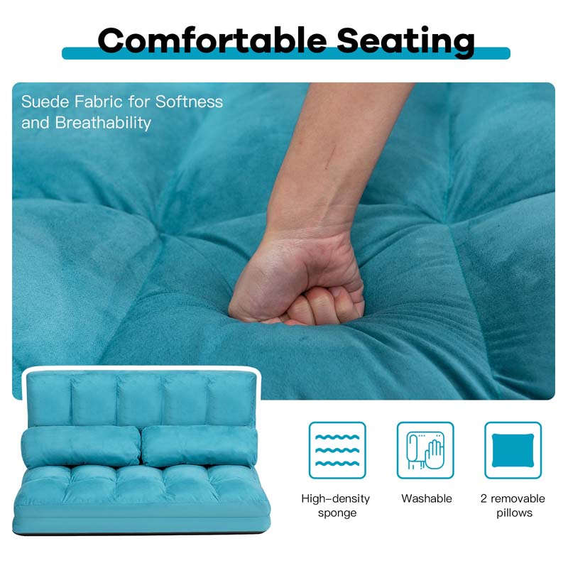 Floor Sofa 6-Position Adjustable, Foldable Lazy Sofa Sleeper Bed, Suede Cloth Cover, Floor Gaming Sofa Couch with 2 Pillows
