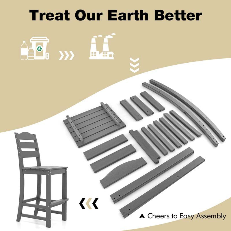 Outdoor HDPE Bar Stool, Patio Tall Bar Chair with Backrest and Footrest, 30 Inches Counter Height Barstools for Garden Backyard