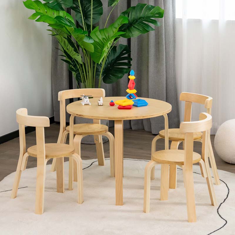 5-Piece Bentwood Kids Table & Chair Set, Toddler Activity Table with 4 Chairs, Toy Bricks, Classroom Playroom Daycare Furniture