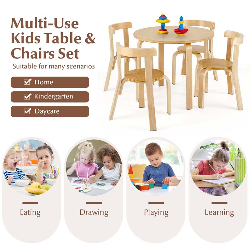 5-Piece Bentwood Kids Table & Chair Set, Toddler Activity Table with 4 Chairs, Toy Bricks, Classroom Playroom Daycare Furniture
