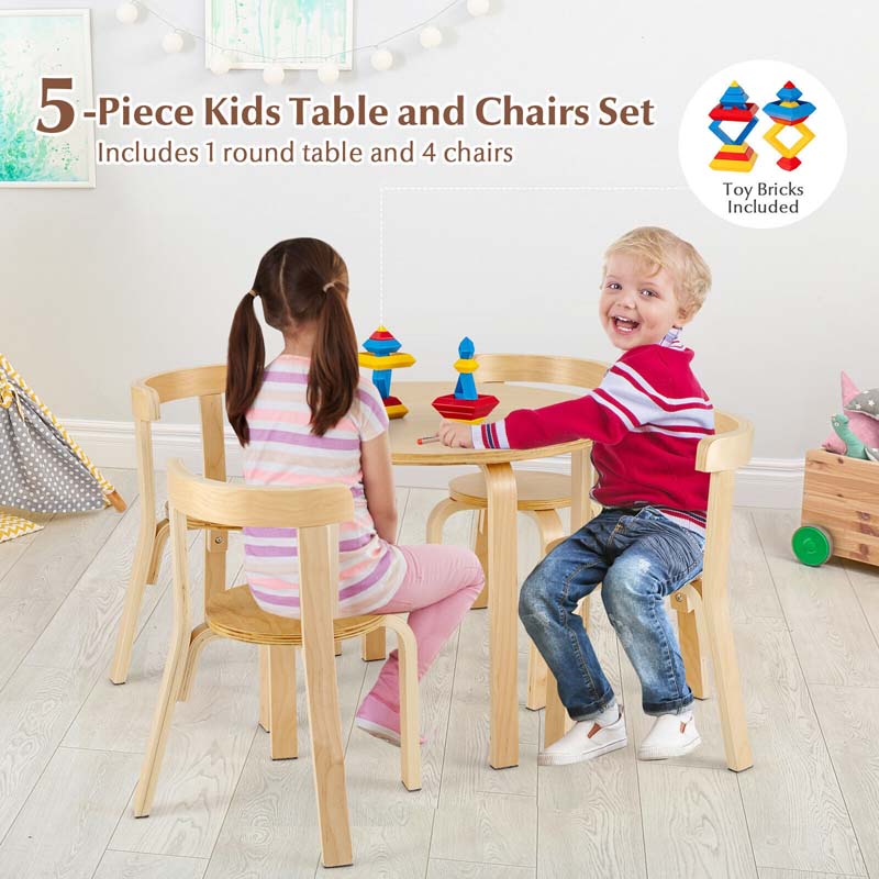 5-Piece Bentwood Kids Table & Chair Set, Toddler Activity Table with 4 Chairs, Toy Bricks, Classroom Playroom Daycare Furniture
