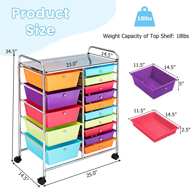 15-Drawer Storage Drawer Cart Tools Scrapbook Paper Organizer Cart Office School Utility Cart Rolling Storage Cart with Wheels