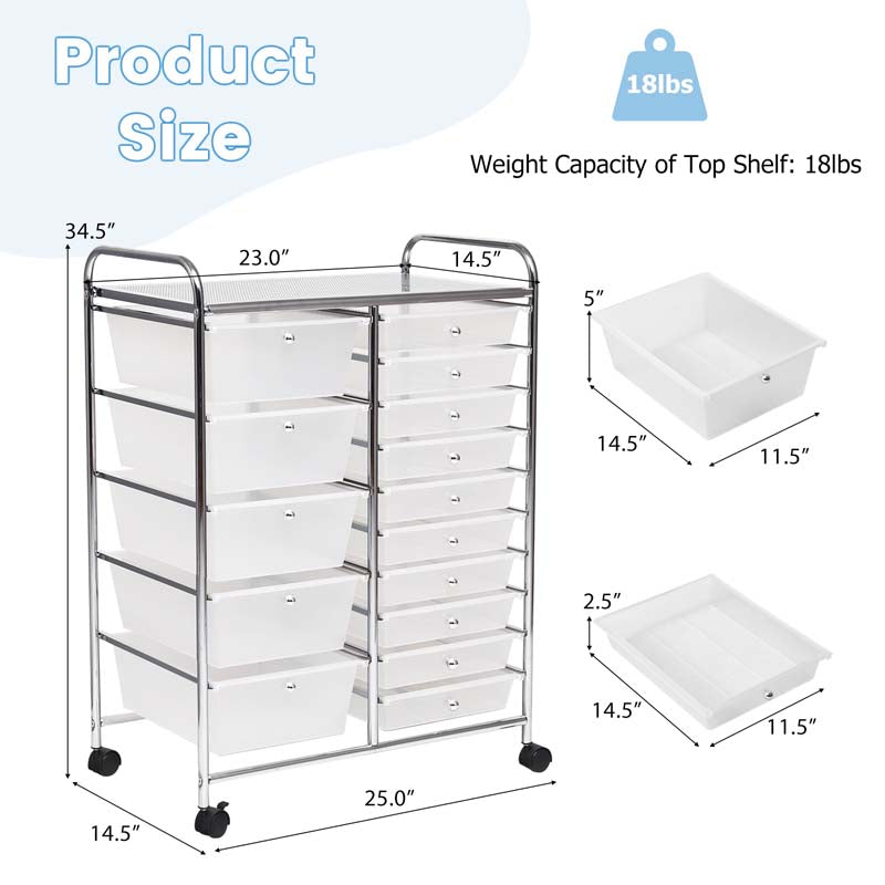 15-Drawer Storage Drawer Cart Tools Scrapbook Paper Organizer Cart Office School Utility Cart Rolling Storage Cart with Wheels