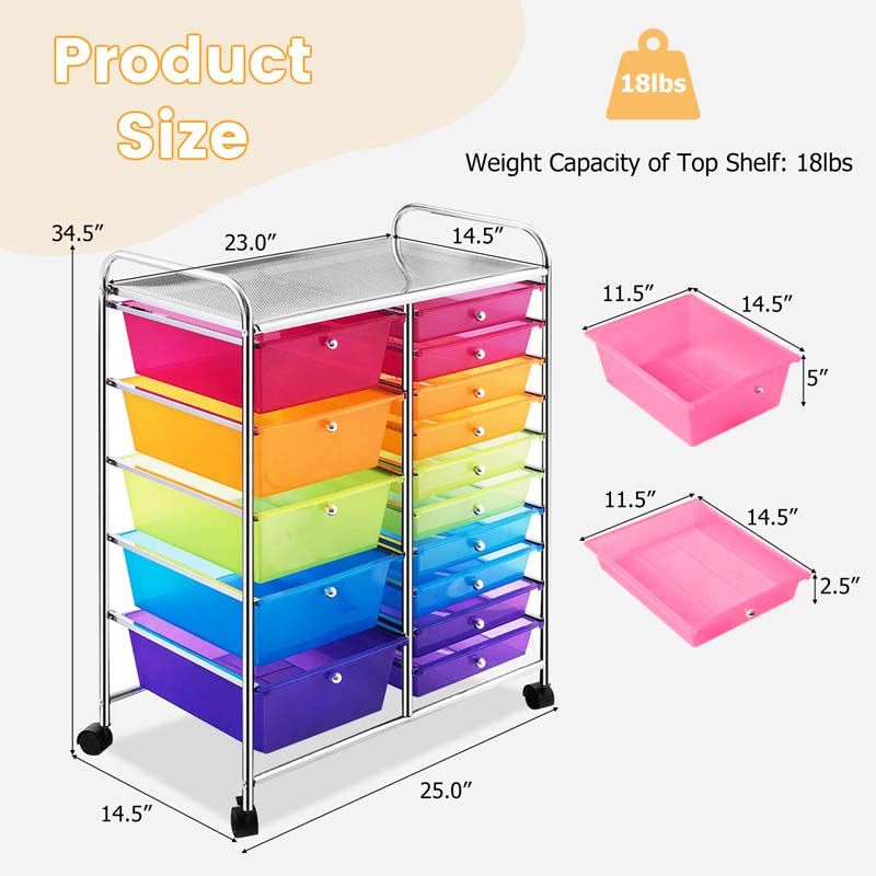 15-Drawer Storage Drawer Cart Tools Scrapbook Paper Organizer Cart Office School Utility Cart Rolling Storage Cart with Wheels