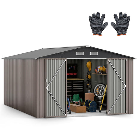 10x14 FT Outdoor Storage Shed, Large Garden Tool House with Improved Windproof Metal Structure, Lockable Door, 4 Vents & Waterproof for Patio Backyard