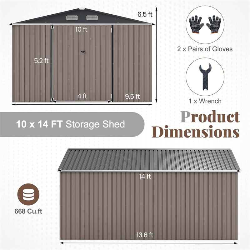 10x14 FT Outdoor Storage Shed, Large Garden Tool House with Improved Windproof Metal Structure, Lockable Door, 4 Vents & Waterproof for Patio Backyard