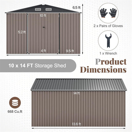 10x14 FT Outdoor Storage Shed, Large Garden Tool House with Improved Windproof Metal Structure, Lockable Door, 4 Vents & Waterproof for Patio Backyard