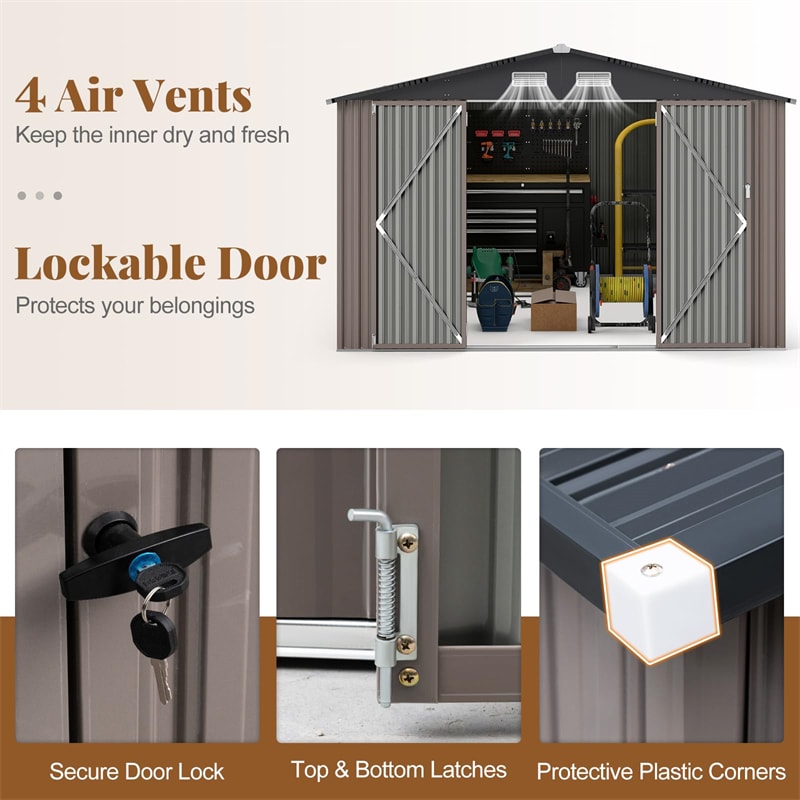 10x14 FT Outdoor Storage Shed, Large Garden Tool House with Improved Windproof Metal Structure, Lockable Door, 4 Vents & Waterproof for Patio Backyard