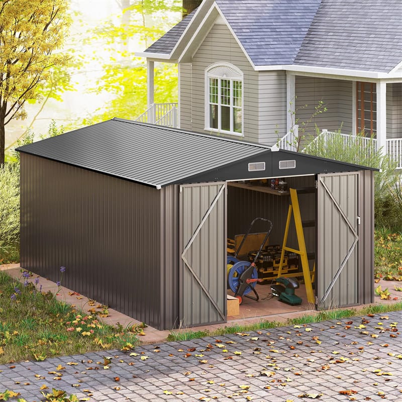10x14 FT Outdoor Storage Shed, Large Garden Tool House with Improved Windproof Metal Structure, Lockable Door, 4 Vents & Waterproof for Patio Backyard