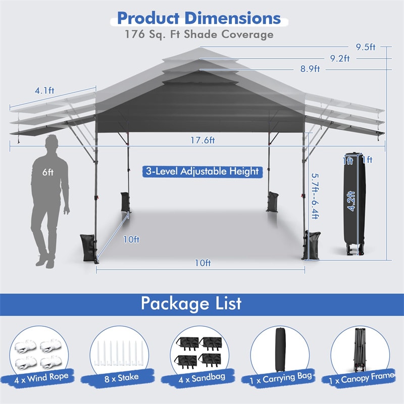 10 x 17.6 FT Outdoor Instant Pop-up Canopy Tent for Market Picnic with Dual Half Awnings & Wheeled Bag