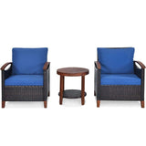 3 Pcs Patio Furniture Set Outdoor Rattan Sofa & Side Table Conversation Bistro Set with Acacia Wood Frame
