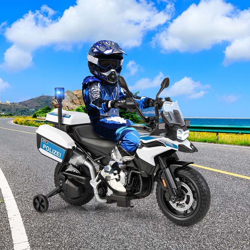 Licensed BMW Kids Ride On Police Motorcycle, 12V Battery Powered Cop Dirt Bike with Training Wheels, Siren Light, MP3, Music