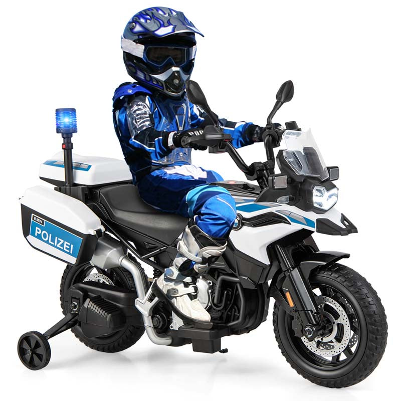 Licensed BMW Kids Ride On Police Motorcycle, 12V Battery Powered Cop Dirt Bike with Training Wheels, Siren Light, MP3, Music