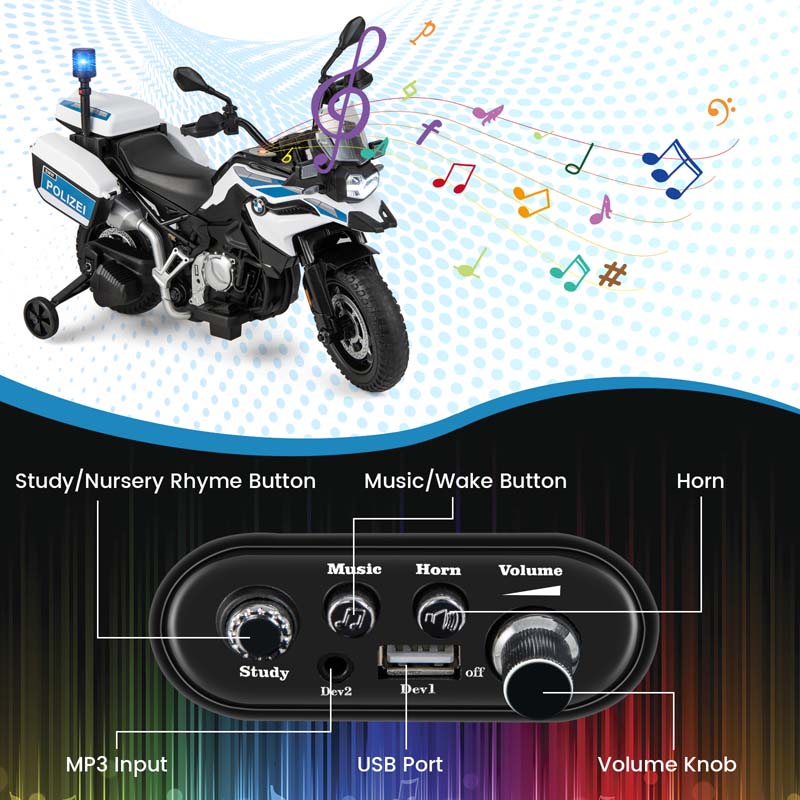 Licensed BMW Kids Ride On Police Motorcycle, 12V Battery Powered Cop Dirt Bike with Training Wheels, Siren Light, MP3, Music