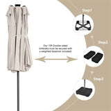 15 FT Large Outdoor Patio Table Umbrella with 48 Solar LED Lights & Crank, Double-Sided Metal Deck Pool Umbrella