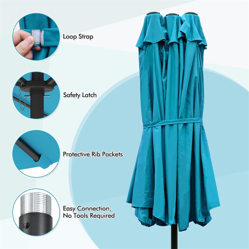 15 FT Double-Sided Outdoor Patio Umbrella with Crank, Extra Large 12 Ribs Steel Market Umbrella for Poolside, Deck & Backyard