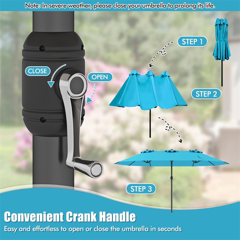 15 FT Double-Sided Outdoor Patio Umbrella with Crank, Extra Large 12 Ribs Steel Market Umbrella for Poolside, Deck & Backyard