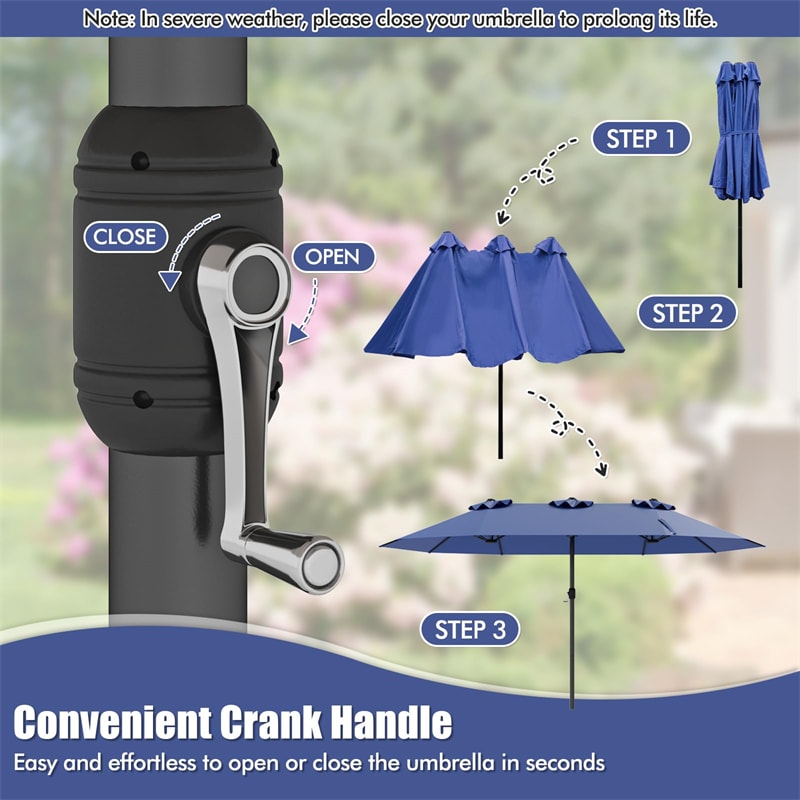 15 FT Double-Sided Outdoor Patio Umbrella with Crank, Extra Large 12 Ribs Steel Market Umbrella for Poolside, Deck & Backyard