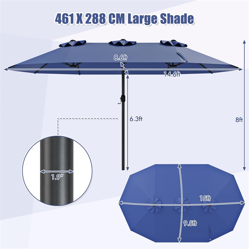 15 FT Double-Sided Outdoor Patio Umbrella with Crank, Extra Large 12 Ribs Steel Market Umbrella for Poolside, Deck & Backyard