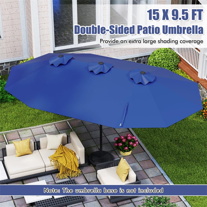 15 FT Double-Sided Outdoor Patio Umbrella with Crank, Extra Large 12 Ribs Steel Market Umbrella for Poolside, Deck & Backyard