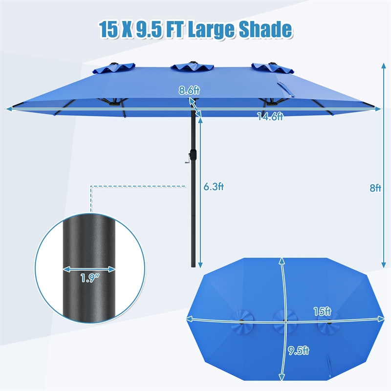 15 FT Double-Sided Outdoor Patio Umbrella with Crank, Extra Large 12 Ribs Steel Market Umbrella for Poolside, Deck & Backyard
