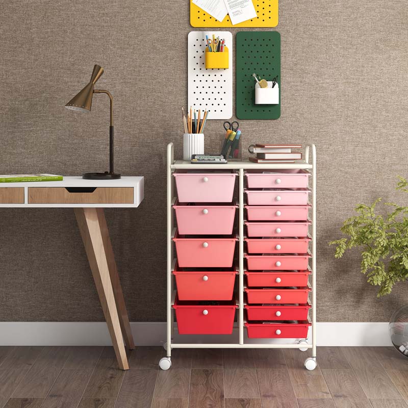 15-Drawer Storage Drawer Cart Tools Scrapbook Paper Organizer Cart Office School Utility Cart Rolling Storage Cart with Wheels
