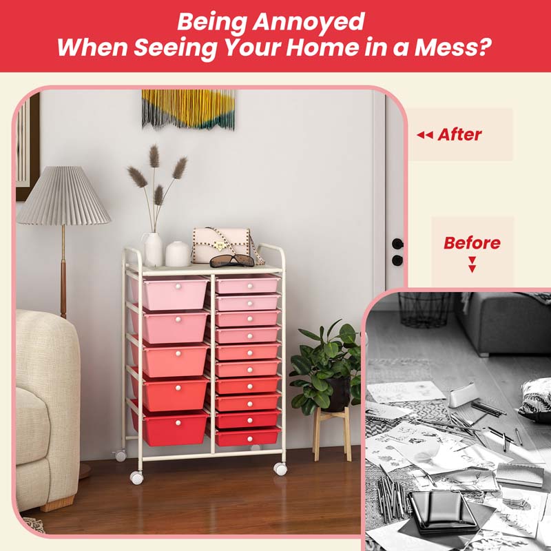 15-Drawer Storage Drawer Cart Tools Scrapbook Paper Organizer Cart Office School Utility Cart Rolling Storage Cart with Wheels