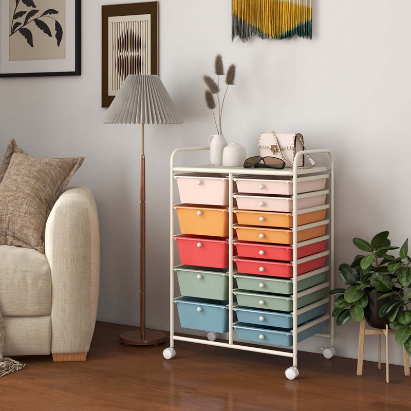 15-Drawer Storage Drawer Cart Tools Scrapbook Paper Organizer Cart Office School Utility Cart Rolling Storage Cart with Wheels