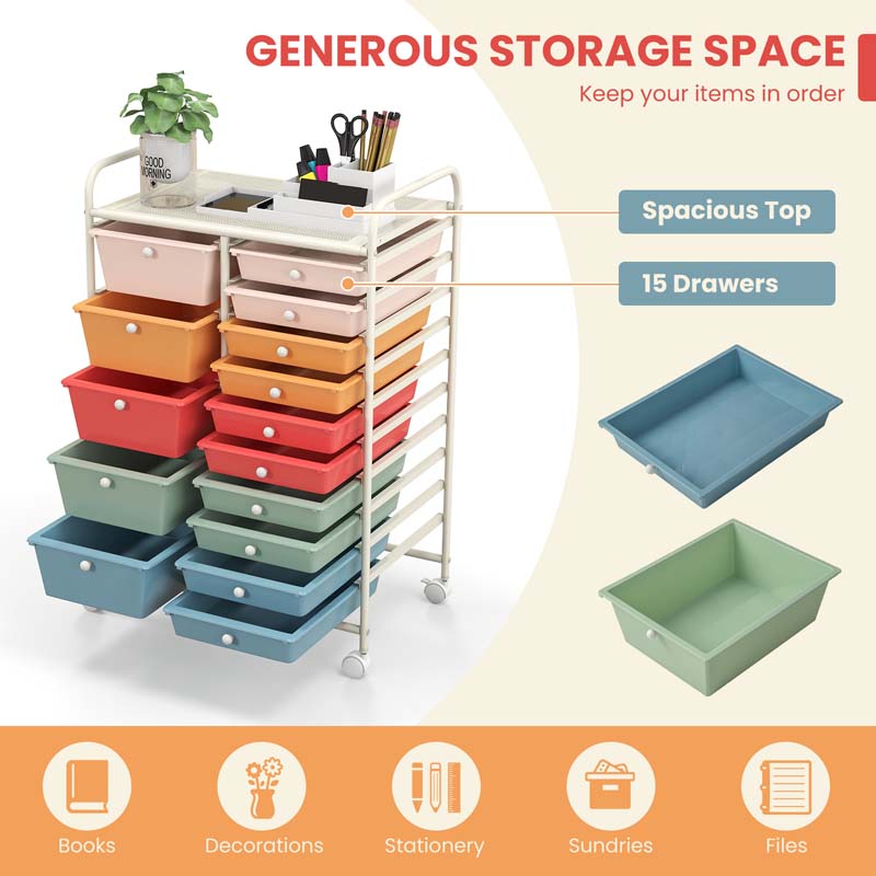 15-Drawer Storage Drawer Cart Tools Scrapbook Paper Organizer Cart Office School Utility Cart Rolling Storage Cart with Wheels