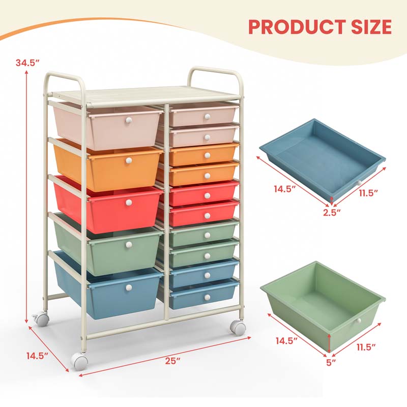15-Drawer Storage Drawer Cart Tools Scrapbook Paper Organizer Cart Office School Utility Cart Rolling Storage Cart with Wheels